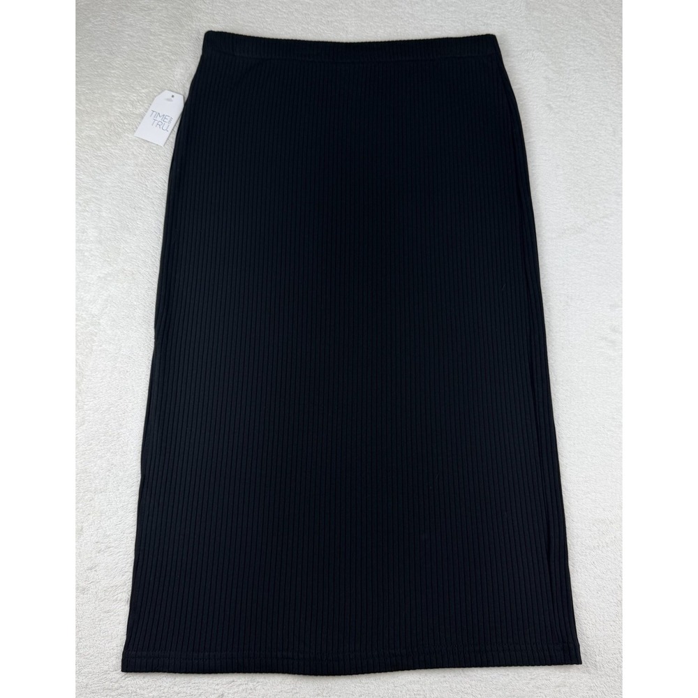 TIME & TRU Black Rib Knit Stretch Elastic Waist Side Slit Midi Column Skirt M - Picture 2 of 10